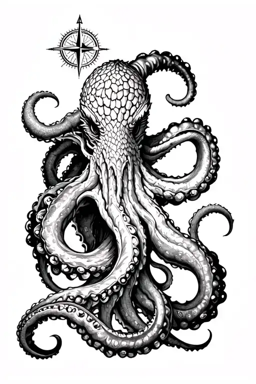 a large kraken coming out of the sea with a nautical compass rose in its tentacles tattoo design idea