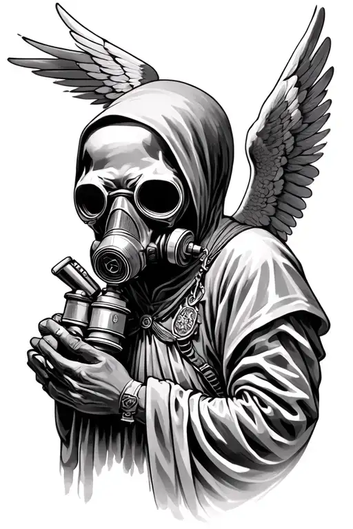 Grim Reaper And Angel wings wearing gas mask tattoo design idea