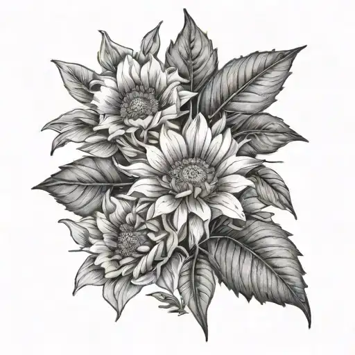 Hawthorne blossom, wild sunflower, and California poppy tattoo design idea