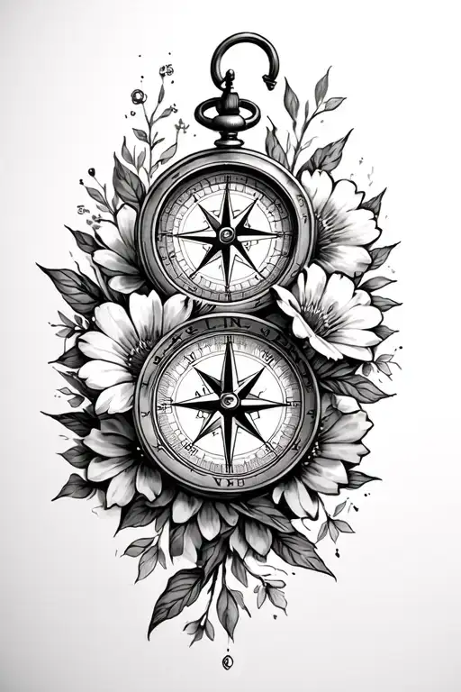 compass timepiece, flowers intertwined tattoo design idea