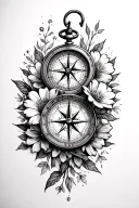 compass timepiece, flowers intertwined tattoo design idea
