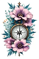 compass timepiece, flowers intertwined tattoo design idea