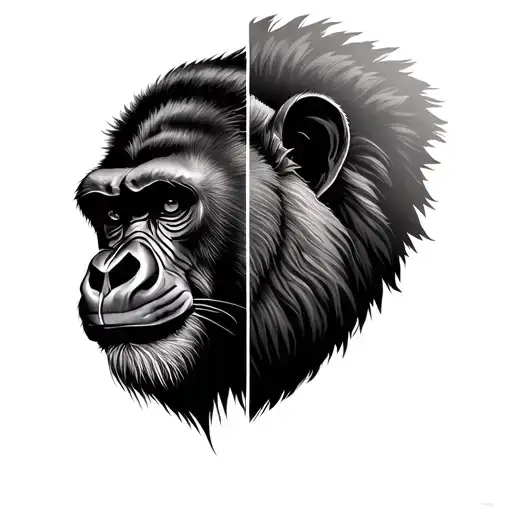 lion half face gorilla half face tattoo design idea