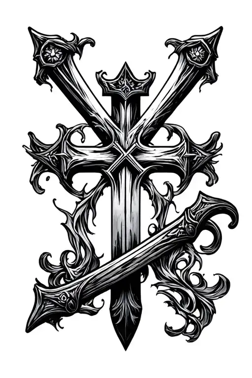 Sword worthy scripted along base of cross tattoo design idea