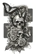 black and grey realism leg sleeve with skulls vines butterflies and flowers  tattoo design idea
