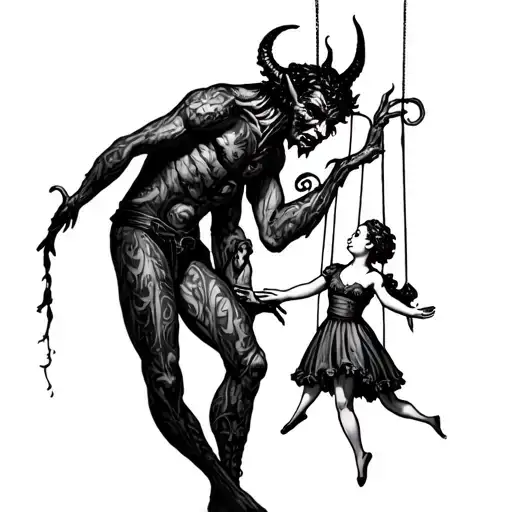 a devil that holding a small angel under him as a marionette  tattoo design idea