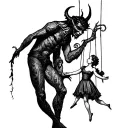 a devil that holding a small angel under him as a marionette  tattoo design idea