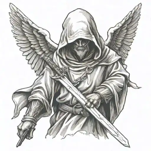 hooded guardian angel with a sword facing downward tattoo design idea