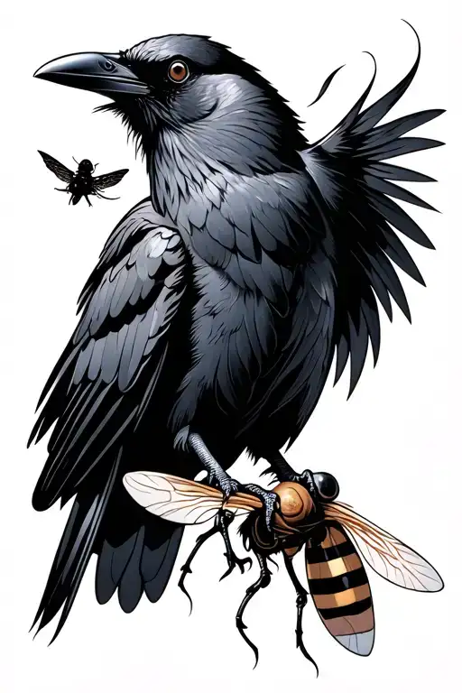 Crow with fly in japanese tattoo design idea