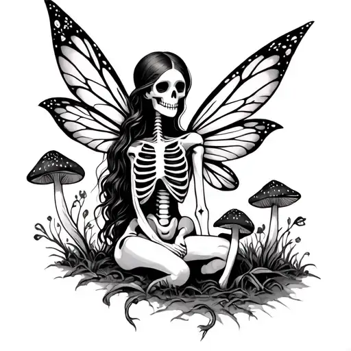 skeleton fairy and mushrooms growing tattoo design idea