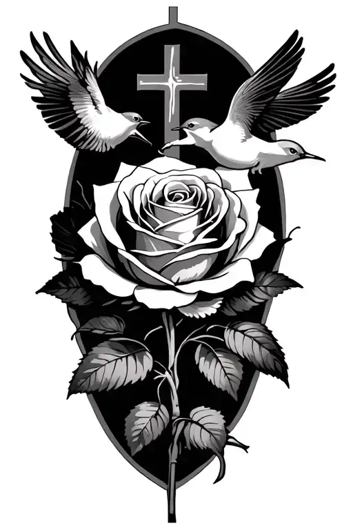 a rose with swallows and a cross in the background tattoo design idea