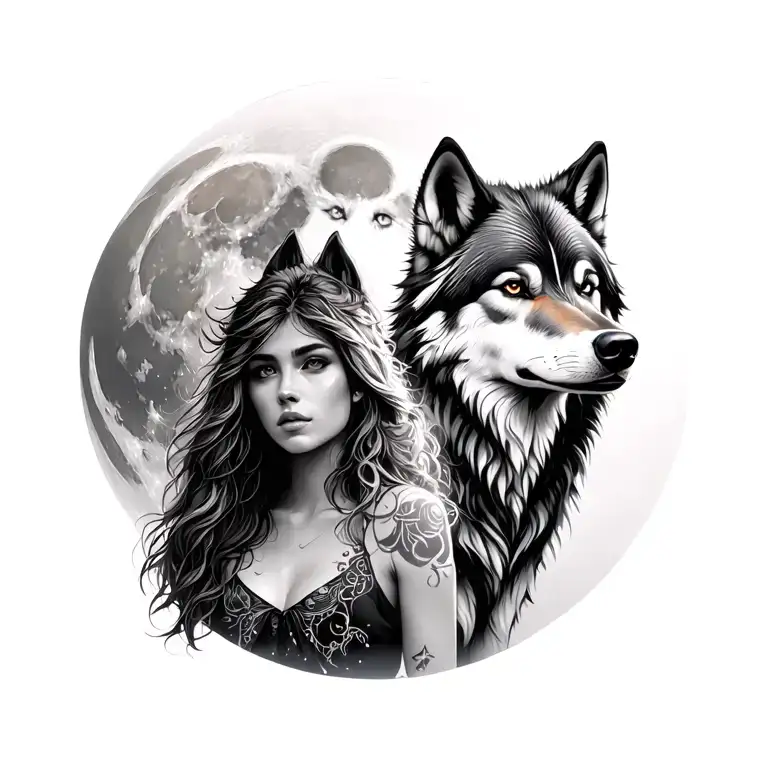 female and transparent male wolf in front of blood moon male Wolf instead has Gemini star sign tattoo design idea