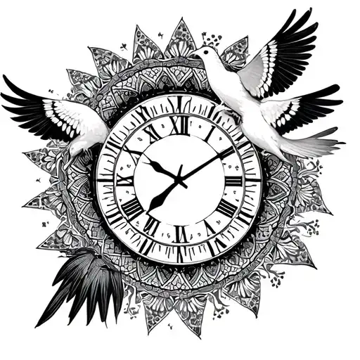 • A mandala style clock, displaying 08h20. • Three stylized doves, formed of triangles or in pointillism. • tattoo design idea