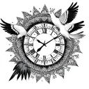 • A mandala style clock, displaying 08h20. • Three stylized doves, formed of triangles or in pointillism. • tattoo design idea