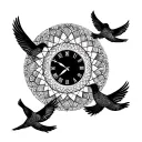 • A mandala style clock, displaying 08h20. • Three stylized doves, formed of triangles or in pointillism. • tattoo design idea