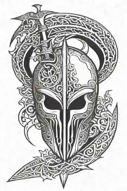 a medieval helmet with a hollow knight sword in the middle with root on the side of the sword tattoo design idea