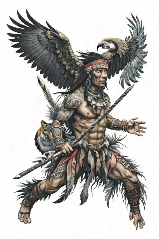 indigenous warrior with a macaw behind and brazilian tribal tattoo design idea