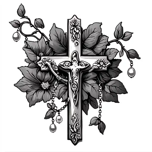 cross and rosary beads with a vine and some flo et un tattoo design idea