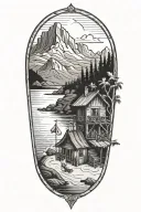 a small fancy tavern on a  beach with mountains  tattoo design idea