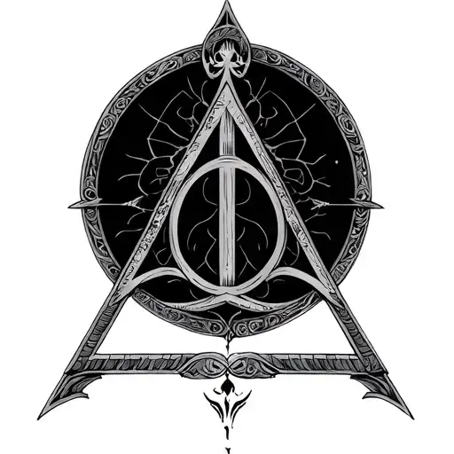 create a tattoo with II.II.MMVIII in fine line and the deathly hallows symbol tattoo design idea