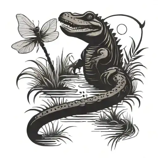 swamp theme with alligator, dragonfly tattoo design idea