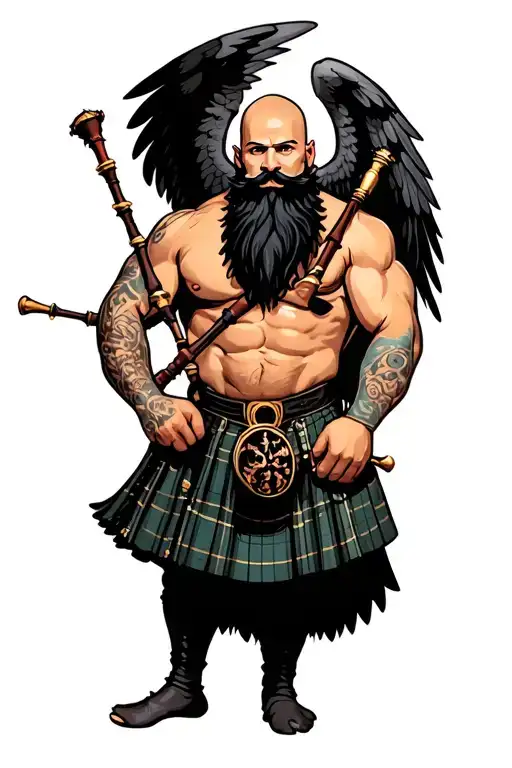 bagpipes in left arm bald shirtless muscular bagpiper black beard with two huge black wings  tattoo design idea
