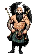 bagpipes in left arm bald shirtless muscular bagpiper black beard with two huge black wings  tattoo design idea