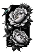 CopyBlack and gray, three peony flowers, two peony buds, a butter fly, a hummingbird tattoo design idea