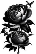 CopyBlack and gray, three peony flowers, two peony buds, a butter fly, a hummingbird tattoo design idea