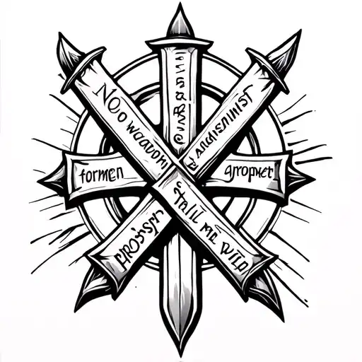 make me a spine tattoo with the words no weapon formed against me shall prosper with a cross as a sword and minimalistic tattoo design idea