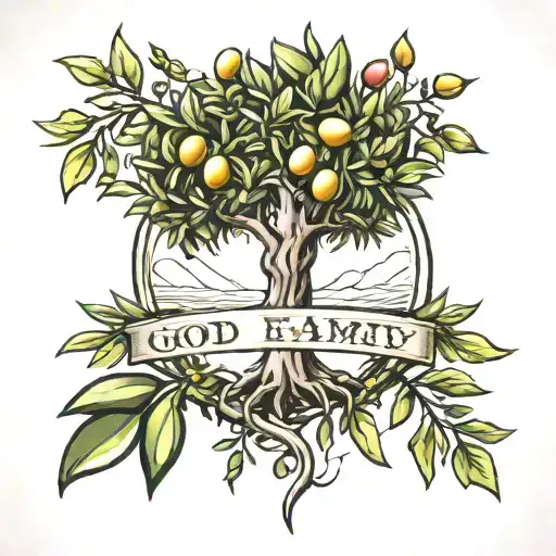 Create a tattoo with an olive tree or branch with the words God, Family, and Love tattoo design idea
