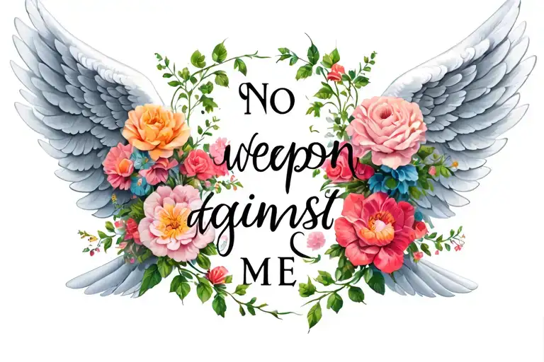 "No weapon formed against me   " flowers shaped like angel wings tattoo design idea