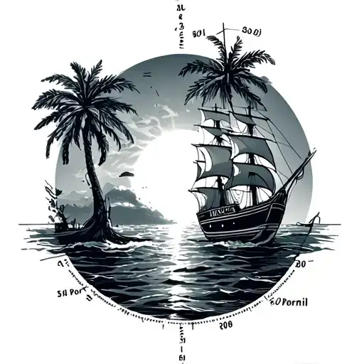 "El Portil " Sun, sea, ship, palm trees and coordinates tattoo design idea