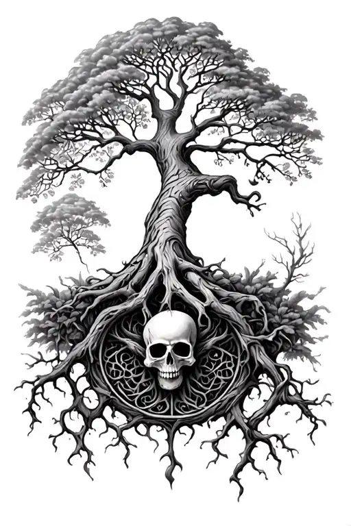 skull beneath tree of life intertwined tattoo design idea