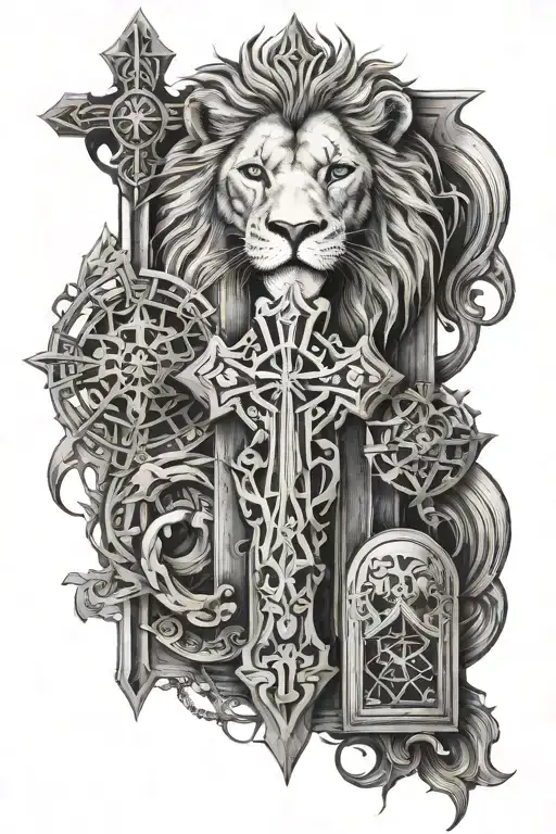 three wooden cross. lion of juda. and sands of time tattoo design idea