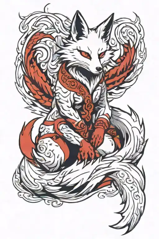 white and red kitsune fox with nine tails tattoo design idea