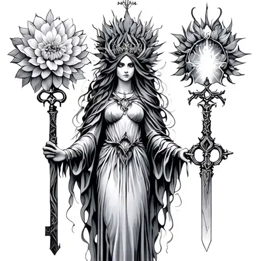 Hecate goddesses with dahlia, cereus and nightshade crowns holding key, light and dagger respectively  tattoo design idea