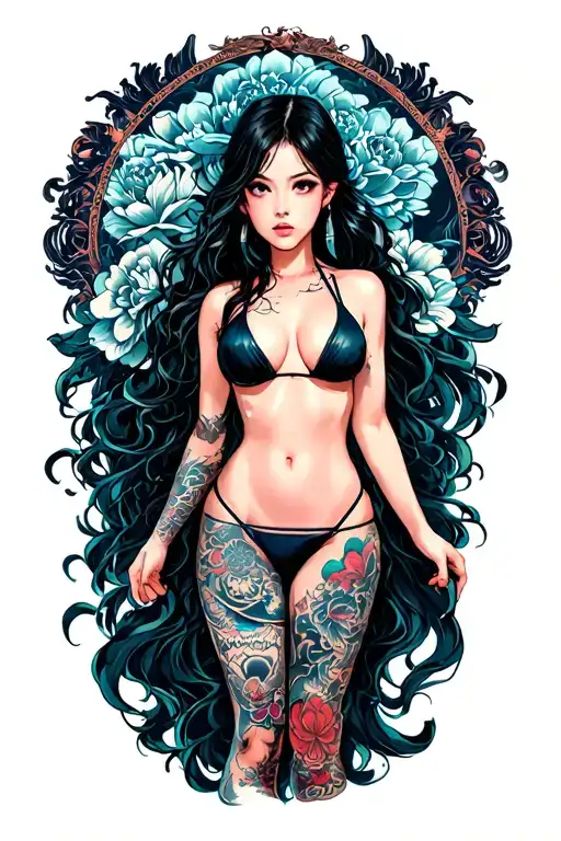 Sexy girl, petite, small boobs, wide hips, bikini . long hair,sexual. Seductive. Full Body, standing with legs and feet tattoo design idea