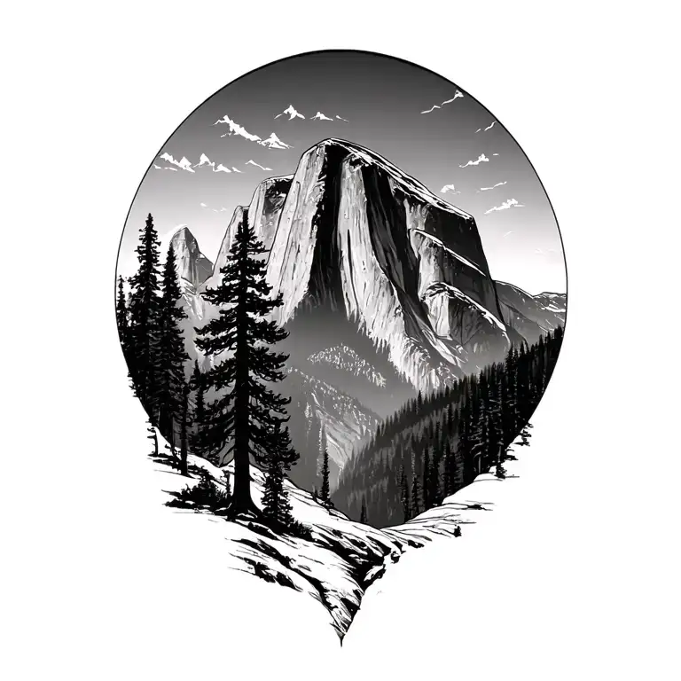 Yosemite half dome with large redwood tree tattoo design idea