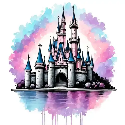 Cinderella's castle add pinks purples blues tattoo design idea