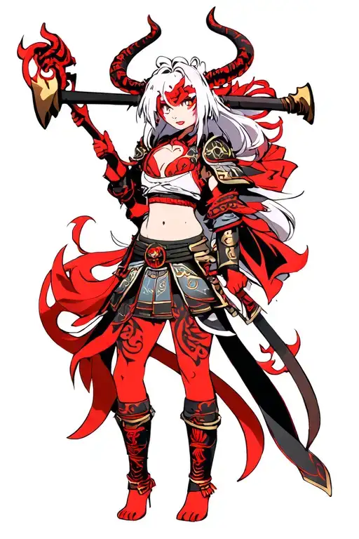 Oni girl with samurai armor, red skin, white hair holding a Oni club over her shoulder tattoo design idea
