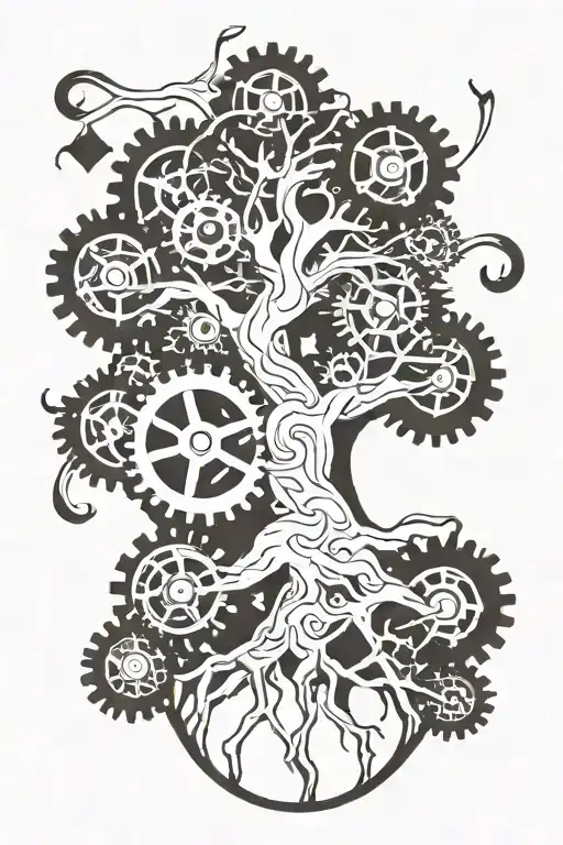 A tree of life tattoo with roots spreading into a network of gears and machinery, showcasing the connection between nature and innovation tattoo design idea