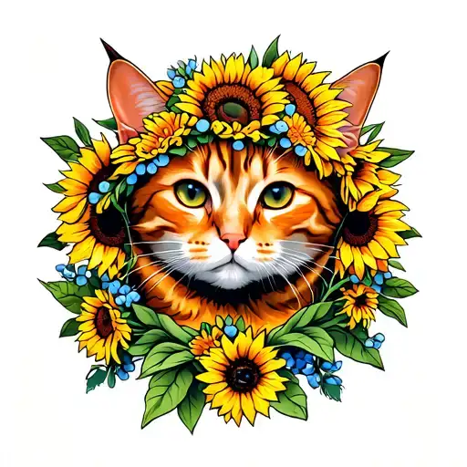 orange tabby with sunflower and flowers crown surrounded tattoo design idea