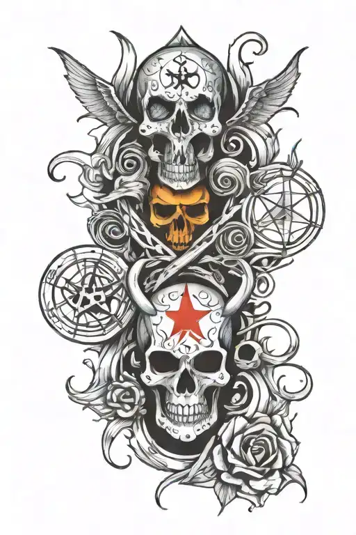 tattoo sleeve evil disign with skulls pentagram and satanic symbols tattoo design idea