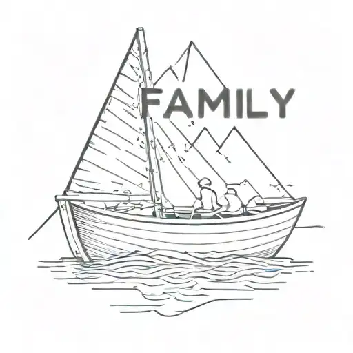 A minimalist sketch of a rowing boat with 'family' written on the sail tattoo design idea