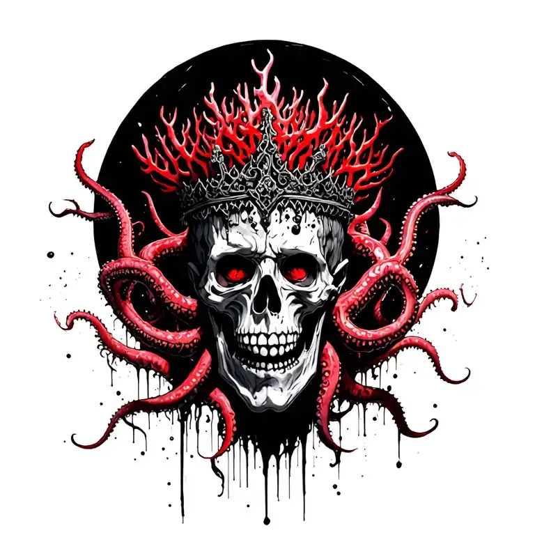 King Of Bones With A Coral Crown, Hades 2 Style, Eldritch, Tentacles, Lovecraftian, Deep Sea background, seaweed tattoo design idea