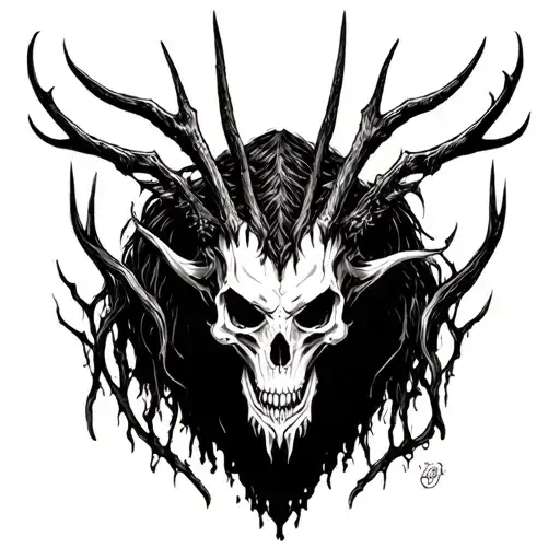 wendigo, demon, skull, dark forest tattoo design idea