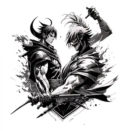 ! A Bleach-themed sleeve tattoo showcasing the epic clash between heroes and villains offers a dynamic and visually comp tattoo design idea