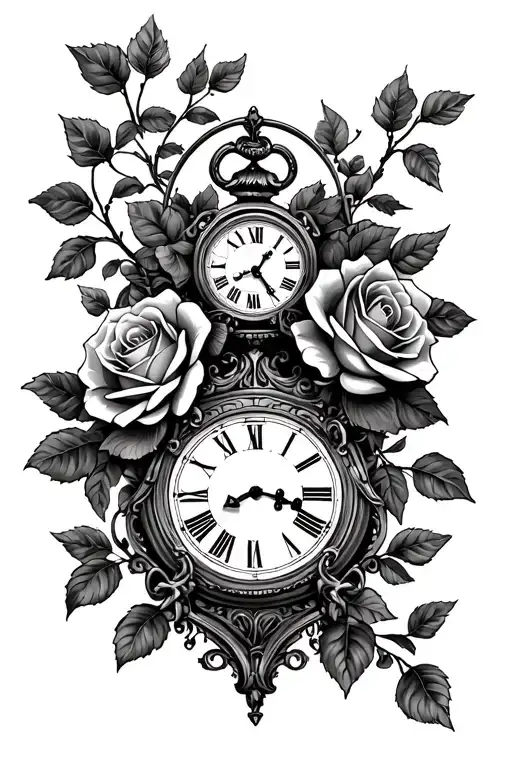 Alice Wonderland Roins and roses containing antique clocks, a tattoo design that hangs down tattoo design idea