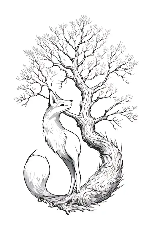 fox and alder tree intertwined tattoo design idea